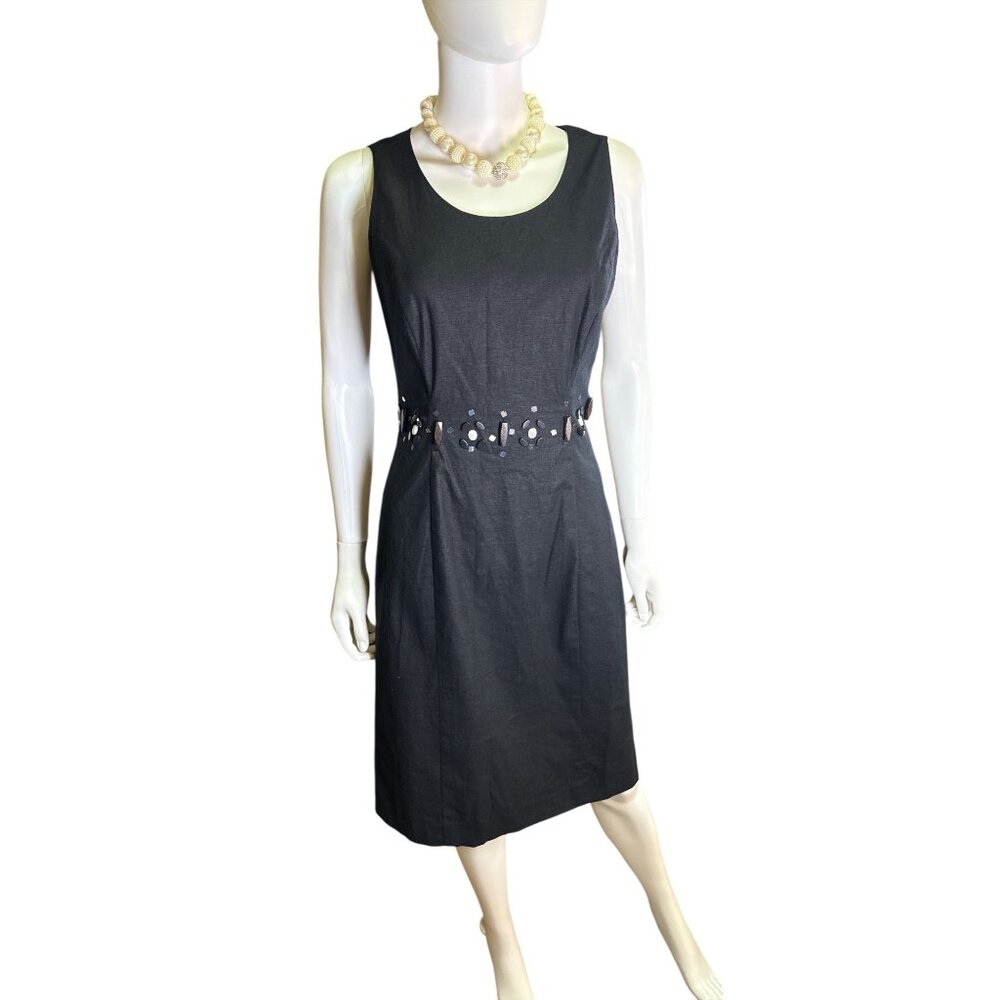 Oscar Oscar De La Renta Black Linen Blend Sheath Dress Embellished Waist Sz 4
